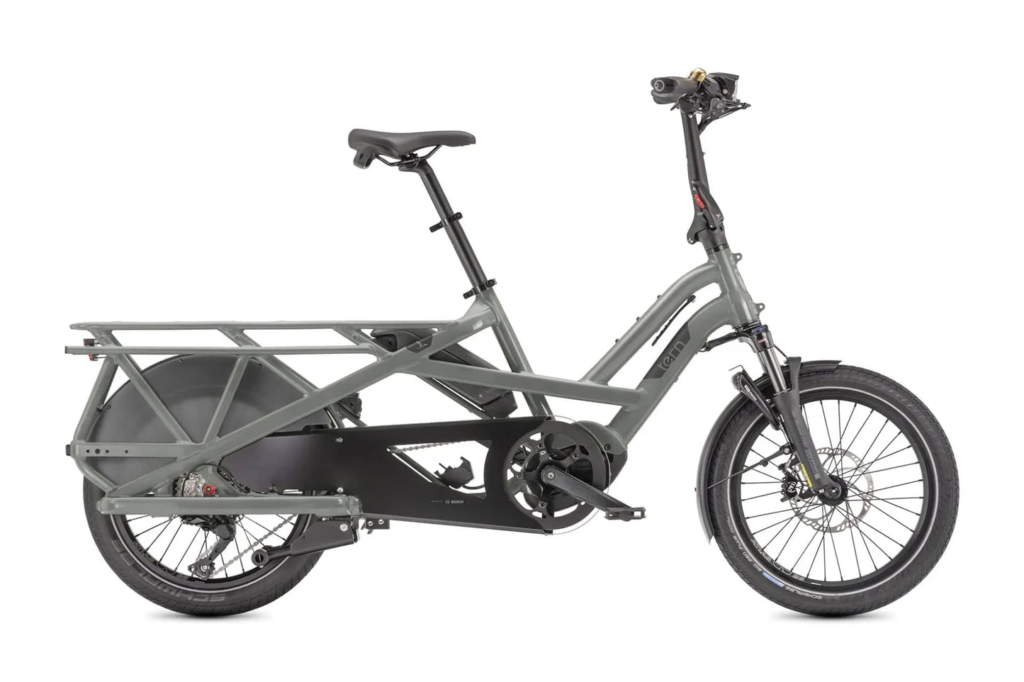 Ein kleines graues Tern GSD S10 Fahrrad, mit langer Gepäcksablage, Magura MT5 eSTOP 4-Kolben hydraulische Scheibenbremsen, schwarzer Sattel