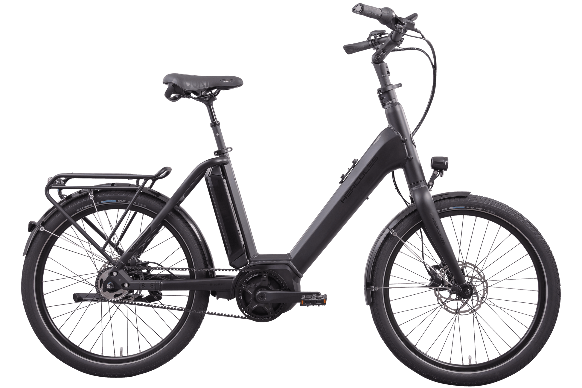 Ein kleines schwarzes Hercules Futura Compact Fahrrad mit SHIMANO 5-Gang Nabenschaltung mit Carbon Zahnriemen