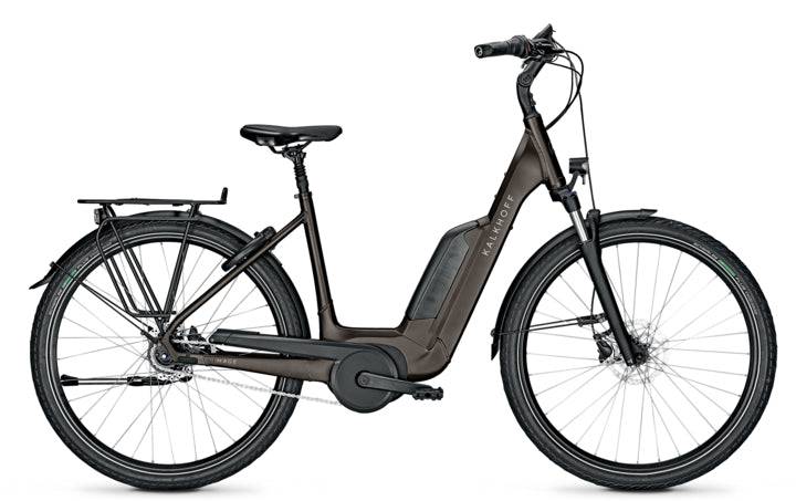 Ein dunkel braunes Kalkhoff Image 1.B Advance Fahrrad mit Komfortabler Rahmen mit tiefem und weitem Durchstieg