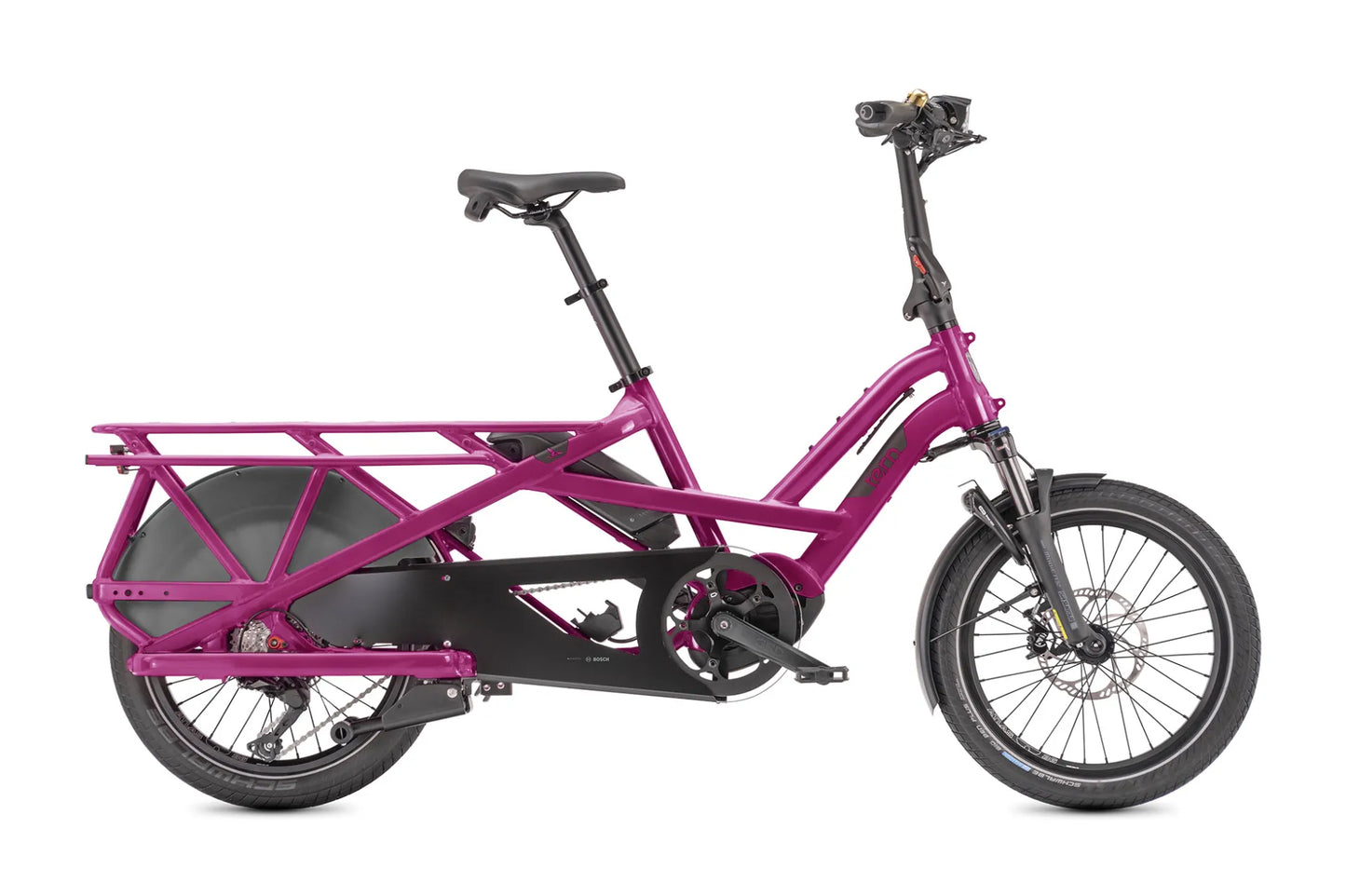 Ein kleines violettes Tern GSD S10 Fahrrad, mit langer Gepäcksablage, Magura MT5 eSTOP 4-Kolben hydraulische Scheibenbremsen, schwarzer Sattel