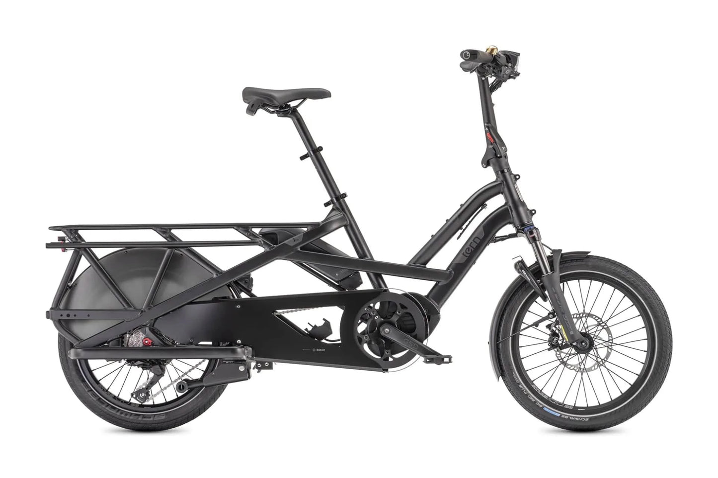 Ein kleines graues Tern GSD S10 Fahrrad, mit langer Gepäcksablage, Magura MT5 eSTOP 4-Kolben hydraulische Scheibenbremsen, schwarzer Sattel